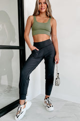 Black Exposed Seam Pocketed High Waist Jogger Pants Bottoms JT's Designer Fashion