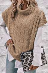 Light French Beige Turtleneck Short Batwing Sleeve Cable Knit Sweater Sweaters & Cardigans JT's Designer Fashion
