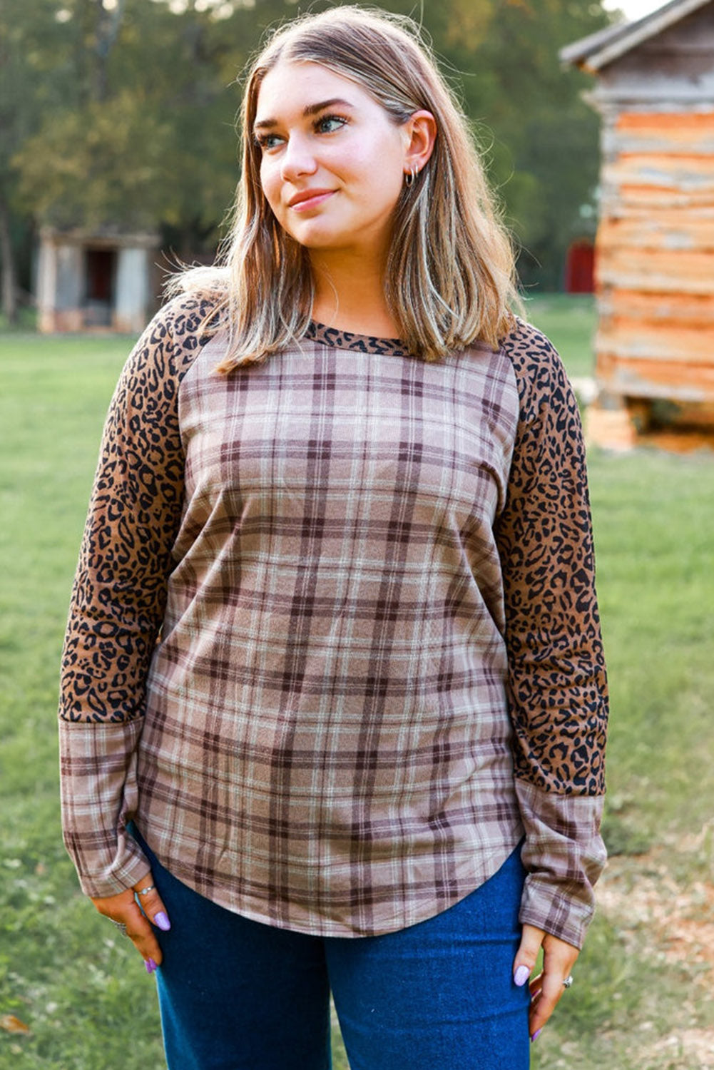 Chestnut Plus Size Leopard Raglan Sleeve Plaid Top Plus Size JT's Designer Fashion