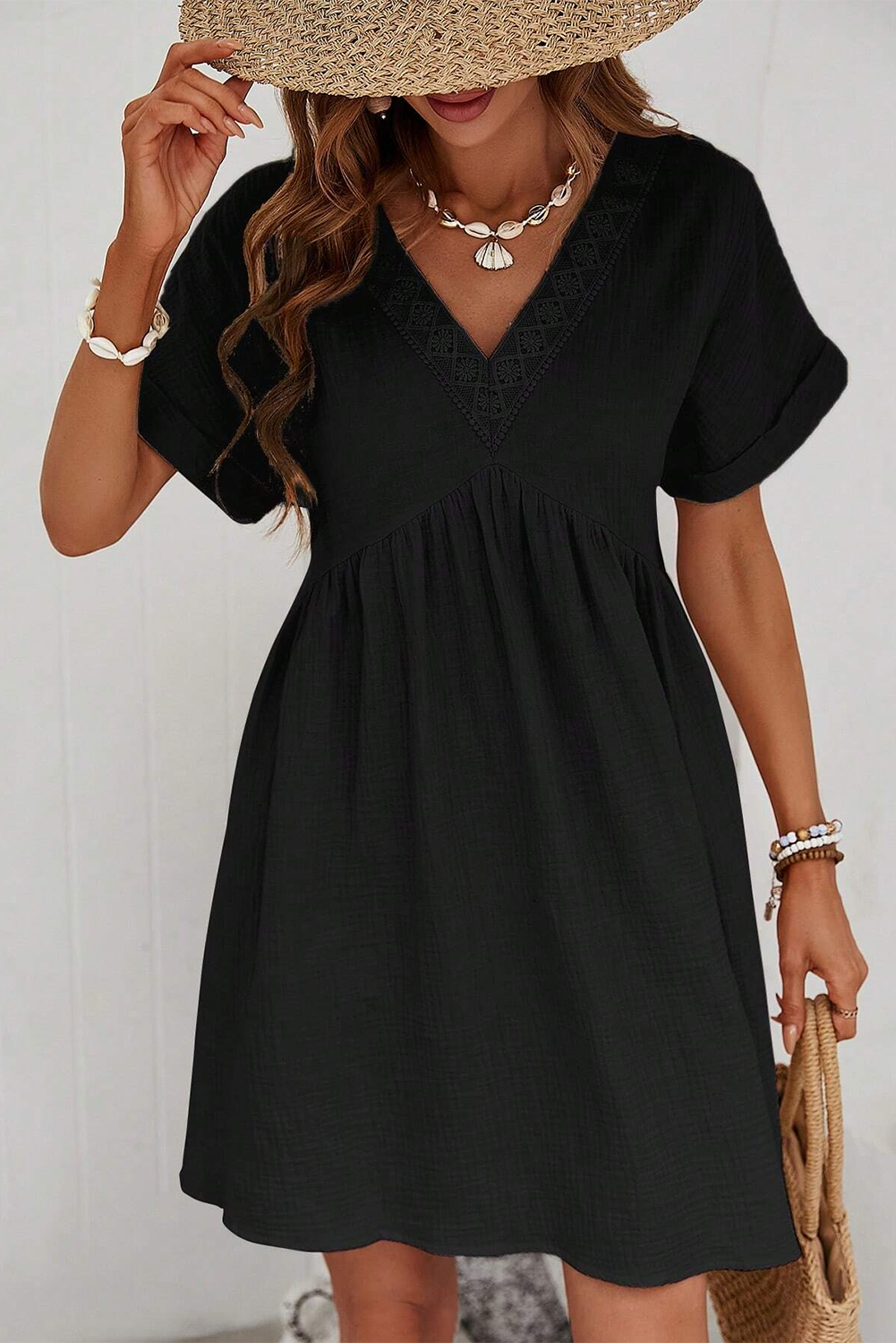 Black Folded Short Sleeve Lace V Neck Mini Dress Dresses JT's Designer Fashion
