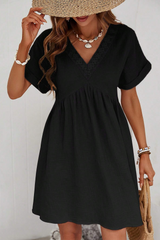 Black Folded Short Sleeve Lace V Neck Mini Dress Dresses JT's Designer Fashion