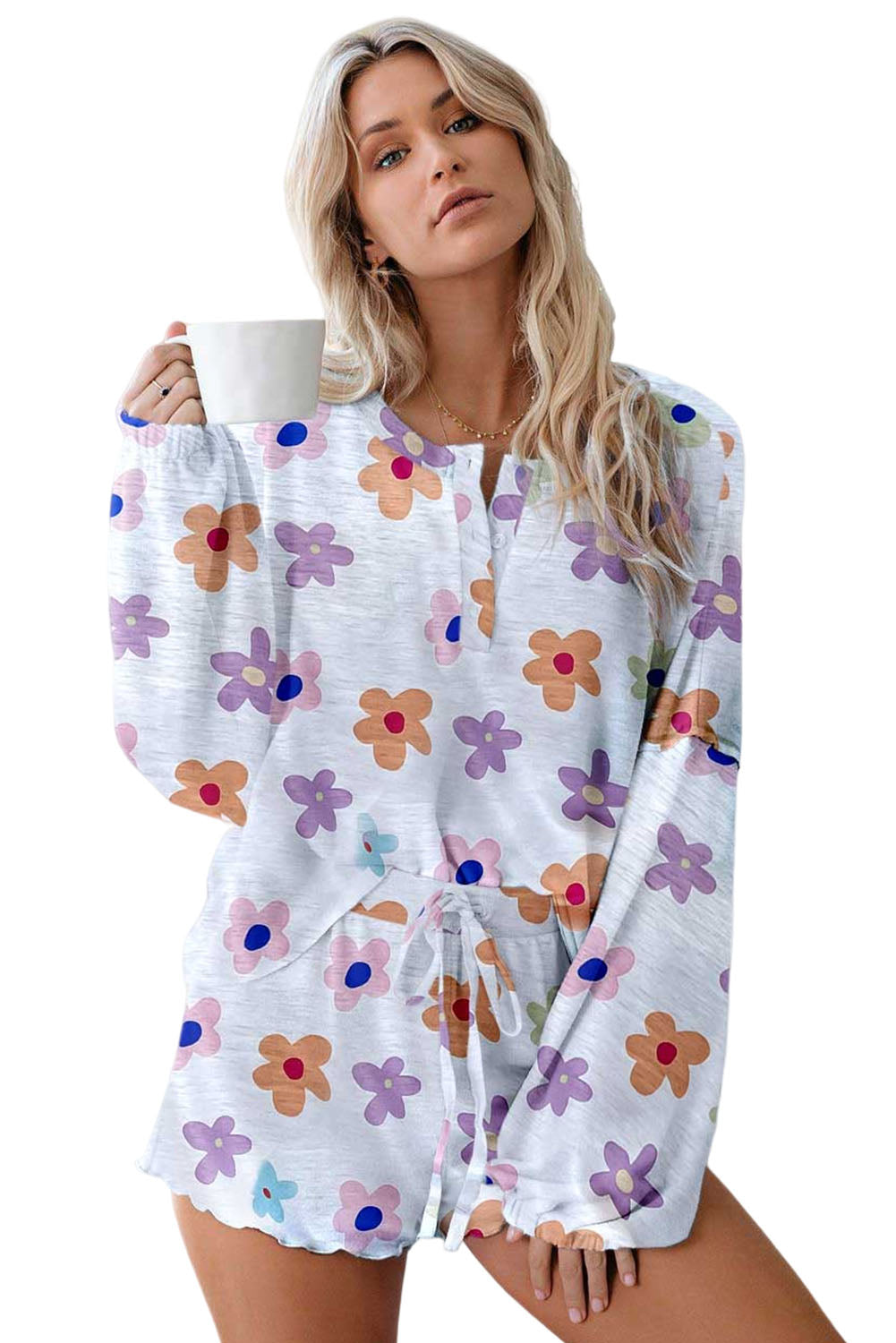 White Floral Long Sleeve Henley Top and Drawstring Shorts Set Loungewear JT's Designer Fashion