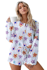 White Floral Long Sleeve Henley Top and Drawstring Shorts Set Loungewear JT's Designer Fashion