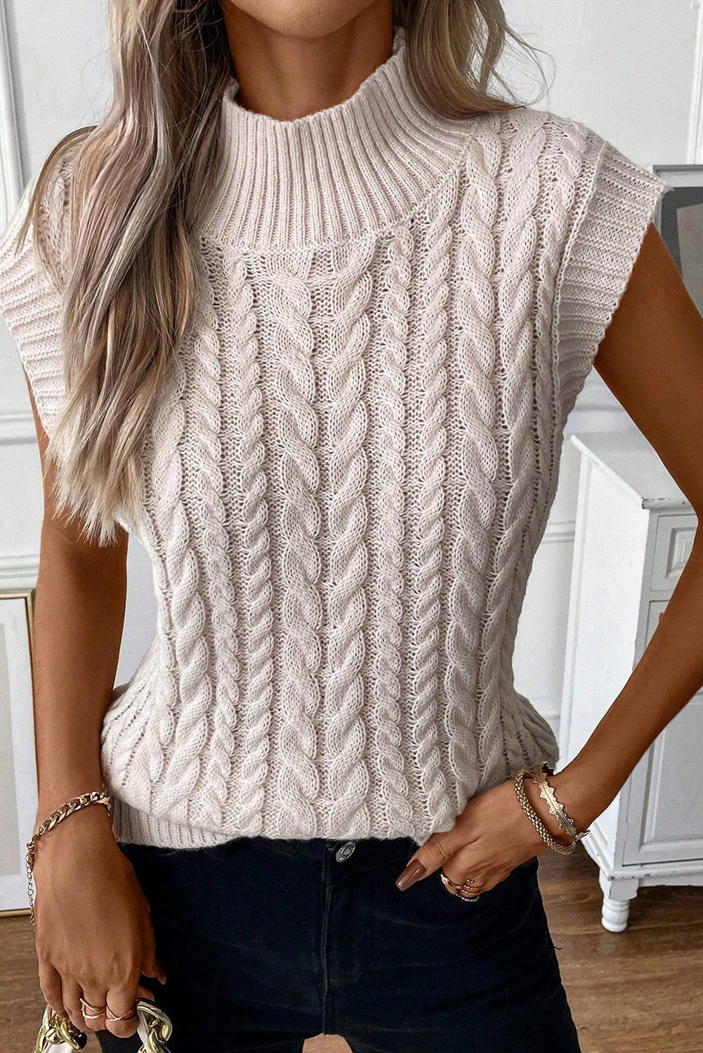 Oatmeal Ribbed Trim High Neck Cable Knit Sweater Vest Sweaters & Cardigans JT's Designer Fashion