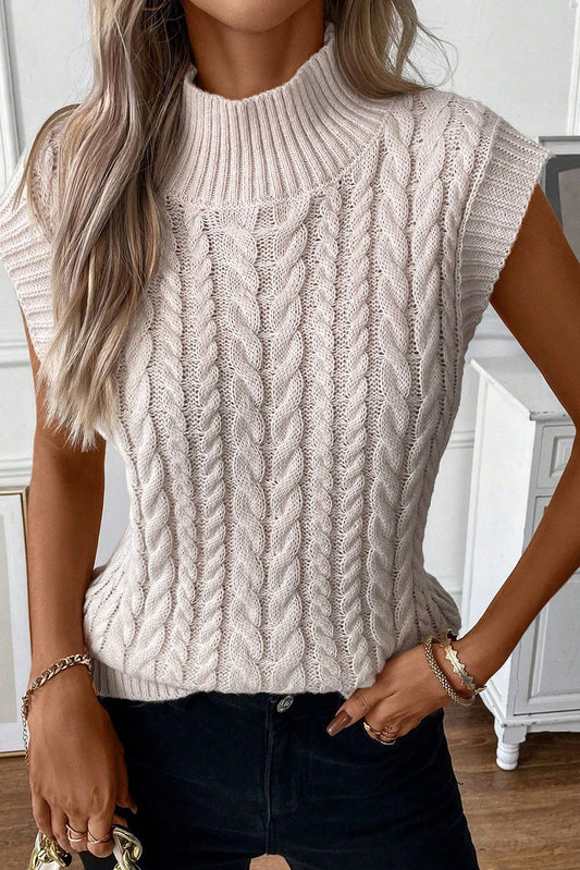 Oatmeal Ribbed Trim High Neck Cable Knit Sweater Vest Sweaters & Cardigans JT's Designer Fashion