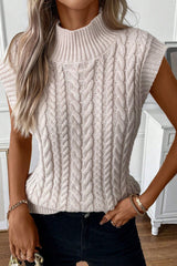 Oatmeal Ribbed Trim High Neck Cable Knit Sweater Vest Sweaters & Cardigans JT's Designer Fashion