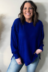 Blue Plus Size Waffle Knit Oversized Exposed Seam Top Plus Size JT's Designer Fashion