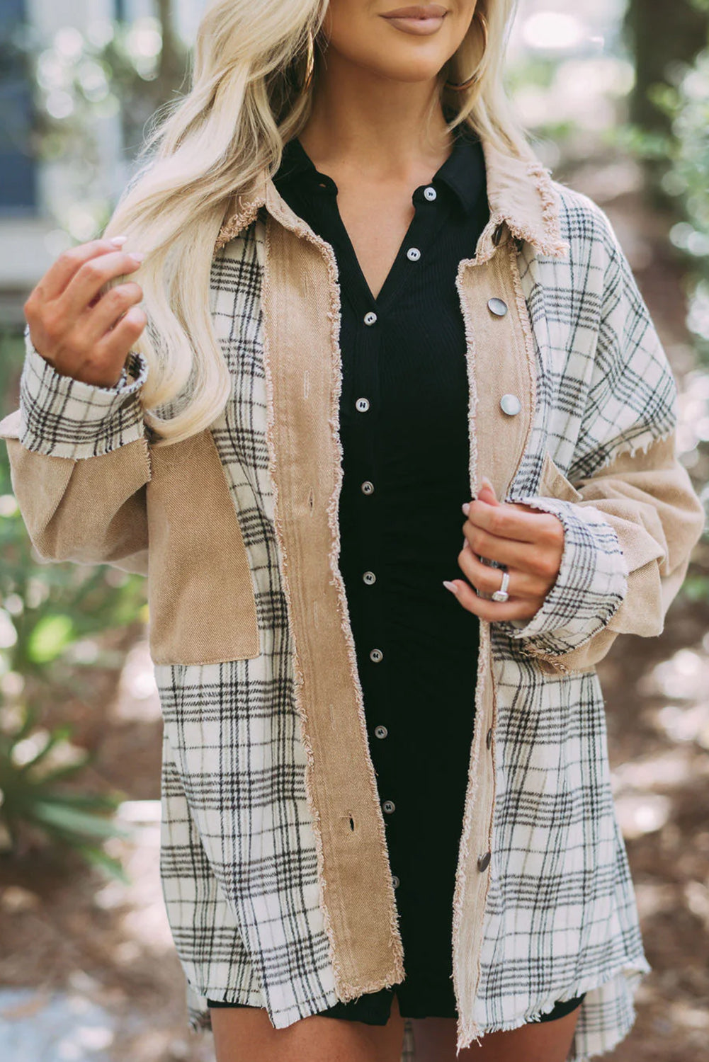 Khaki Distressed Raw Edge Plaid Patchwork Denim Jacket Denim jackets JT's Designer Fashion
