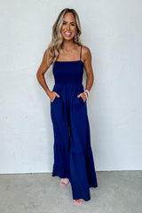 Navy Blue Spaghetti Straps Smocked Ruffled Wide Leg Jumpsuit Bottoms JT's Designer Fashion