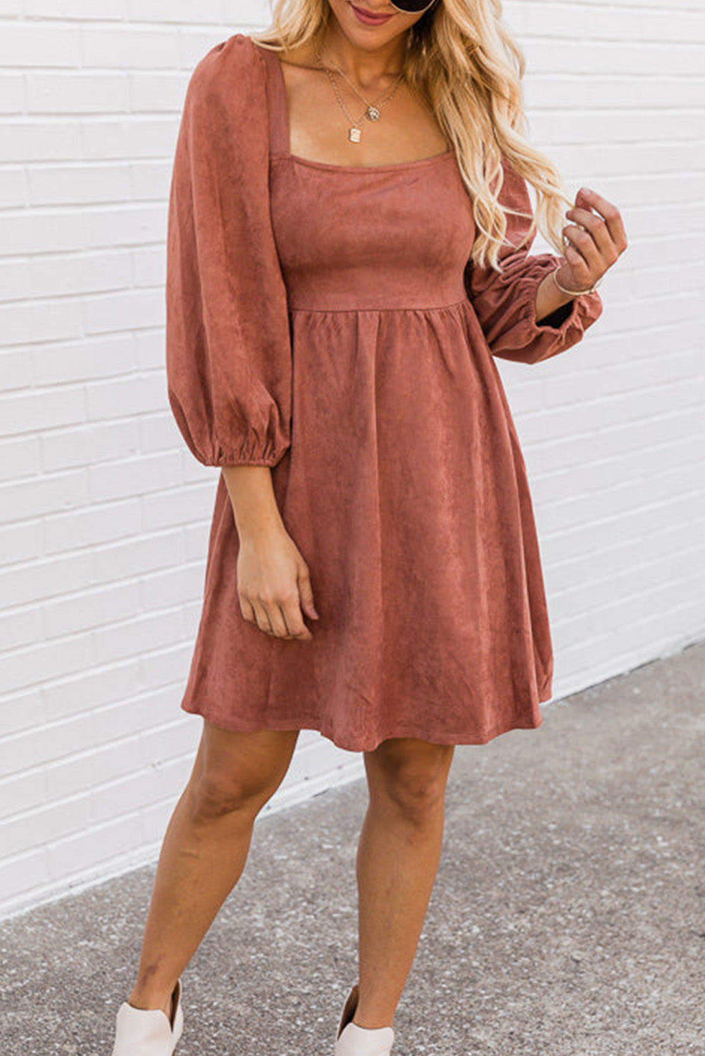 Brown Suede Square Neck Flared Dress Dresses JT's Designer Fashion