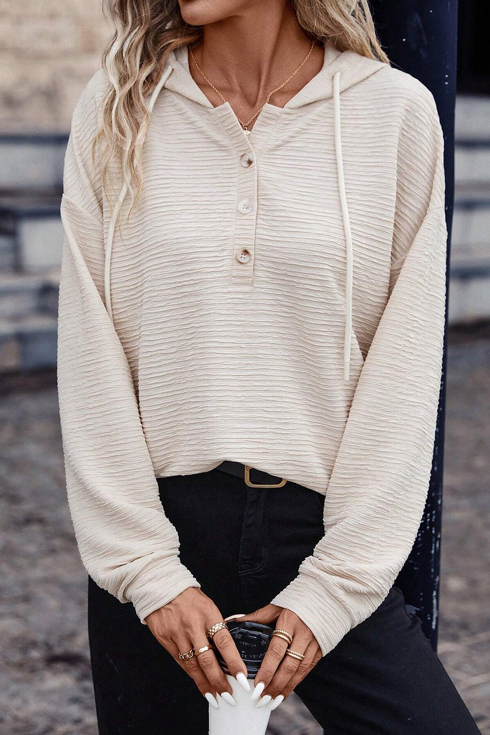 Apricot Solid Textured Drawstring Henley Hoodie Sweatshirts & Hoodies JT's Designer Fashion