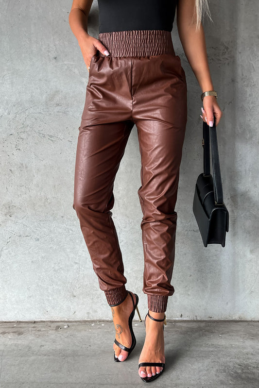 Brown Smocked High-Waist Leather Skinny Pants Bottoms JT's Designer Fashion