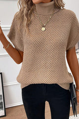 Apricot khaki Ribbed Turtleneck Textured Short Sleeve Sweater Sweaters & Cardigans JT's Designer Fashion