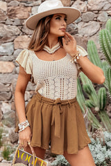 Beige Pointelle Knit Flutter Sleeve Sweater Sweaters & Cardigans JT's Designer Fashion