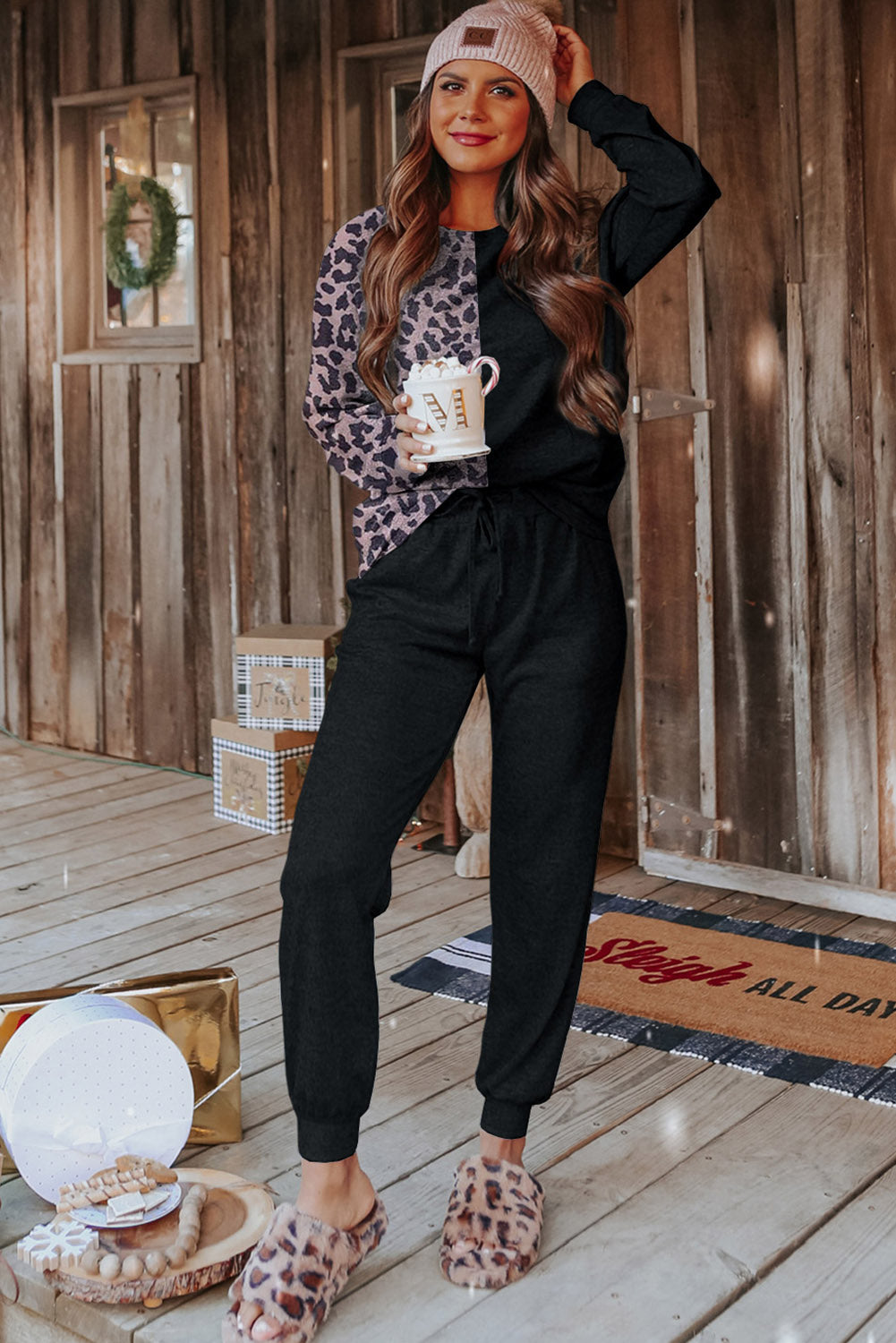 Black Leopard Contrast Long Two Piece Leisure Set Bottoms JT's Designer Fashion