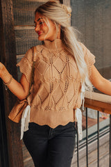Flaxen Hollowed Knit Scalloped Trim High Neck Sweater Sweaters & Cardigans JT's Designer Fashion