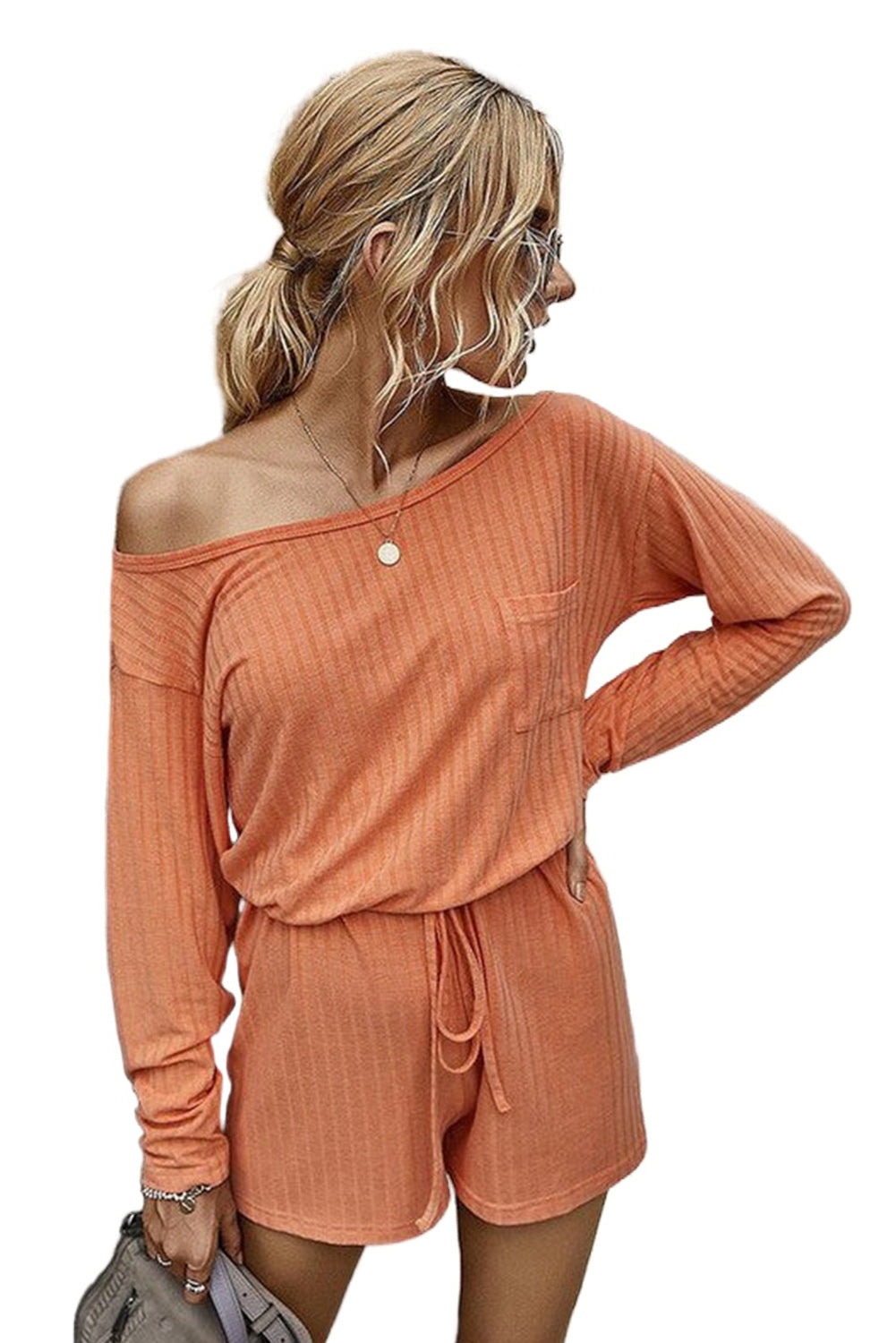 Orange Ribbed Drawstring Waist Long Sleeve Romper Loungewear JT's Designer Fashion