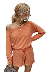 Orange Ribbed Drawstring Waist Long Sleeve Romper Loungewear JT's Designer Fashion