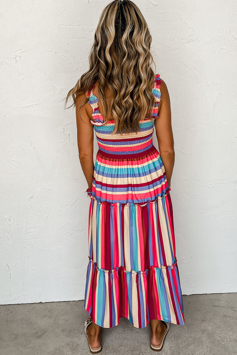 Red Stripe Ruffle Straps Smocked Tiered Long Dress Dresses JT's Designer Fashion