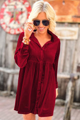 Red Long Sleeve Ruffle Velvet Button Up Dress Dresses JT's Designer Fashion