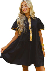 Black Sequin Trim Bubble Sleeve Game Day Shirt Dress Dresses JT's Designer Fashion