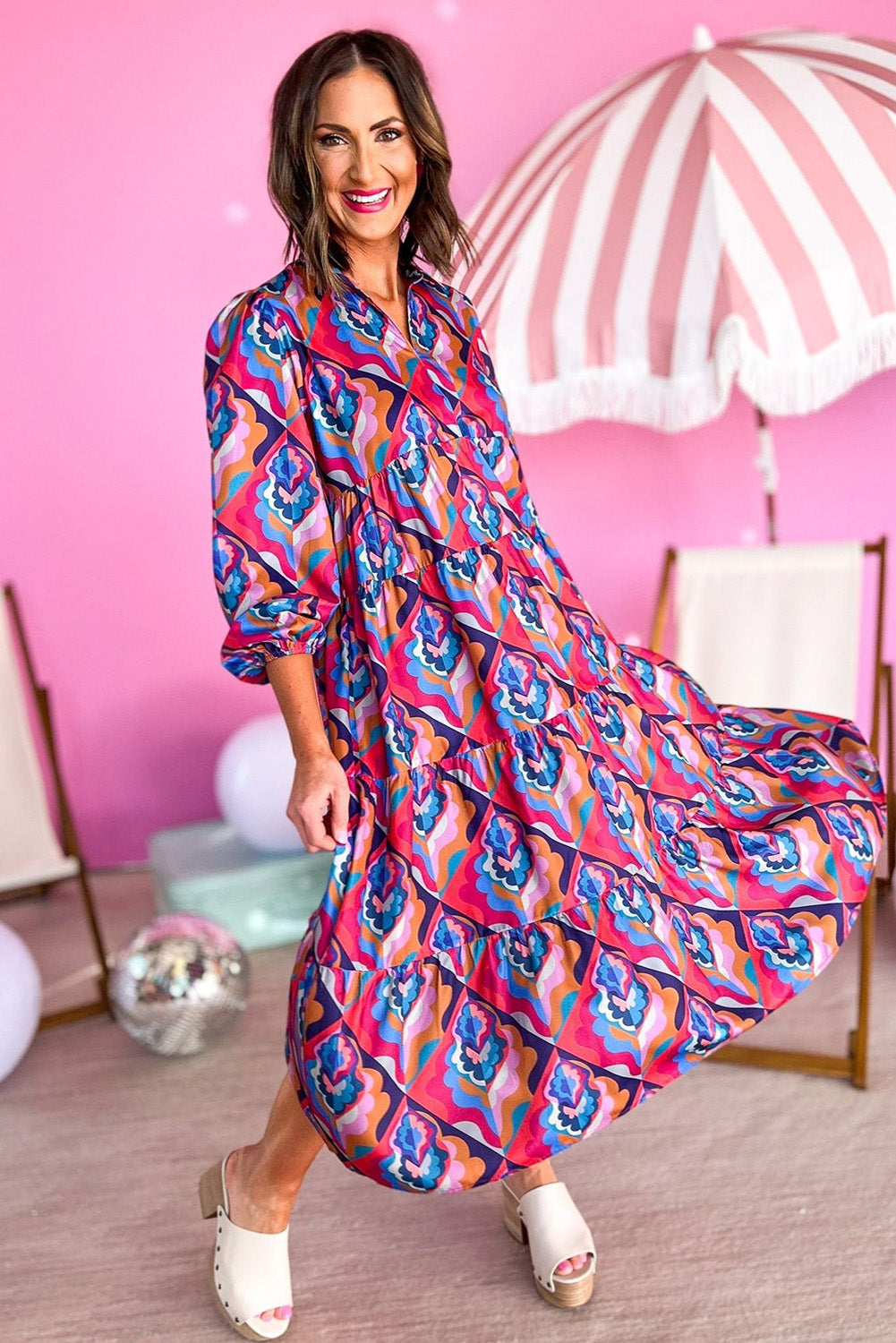 Multicolor-2 Abstract Geometric Print Long Sleeve High Waist Dress Dresses JT's Designer Fashion