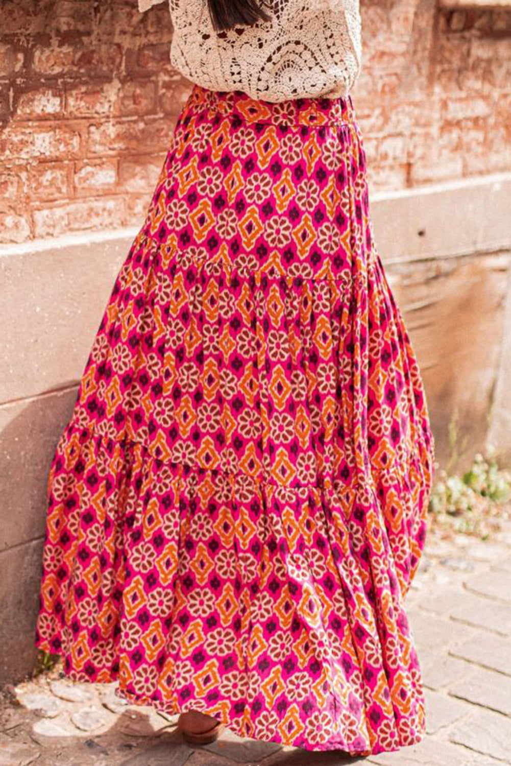 Rose Geometric Floral Print Tiered Maxi Skirt Bottoms JT's Designer Fashion