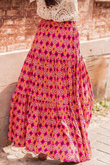 Rose Geometric Floral Print Tiered Maxi Skirt Bottoms JT's Designer Fashion