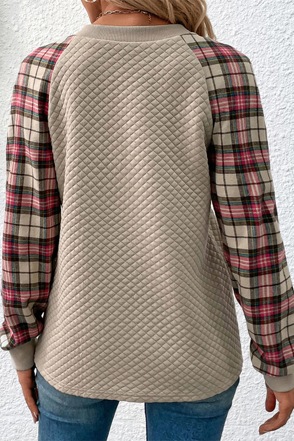 Apricot Plus Size Plaid Raglan Sleeve Crew Neck Sweatshirt Plus Size JT's Designer Fashion