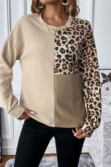 Pale Khaki Leopard Colorblock Waffle Knit Top Sweatshirts & Hoodies JT's Designer Fashion