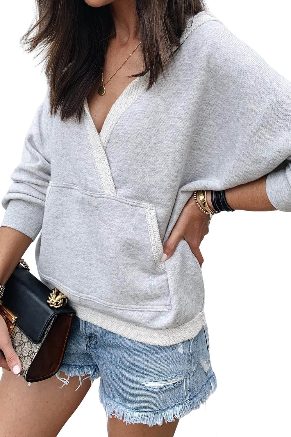 Gray Contrast Trim Wrap V Neck Sweatshirt Sweatshirts & Hoodies JT's Designer Fashion