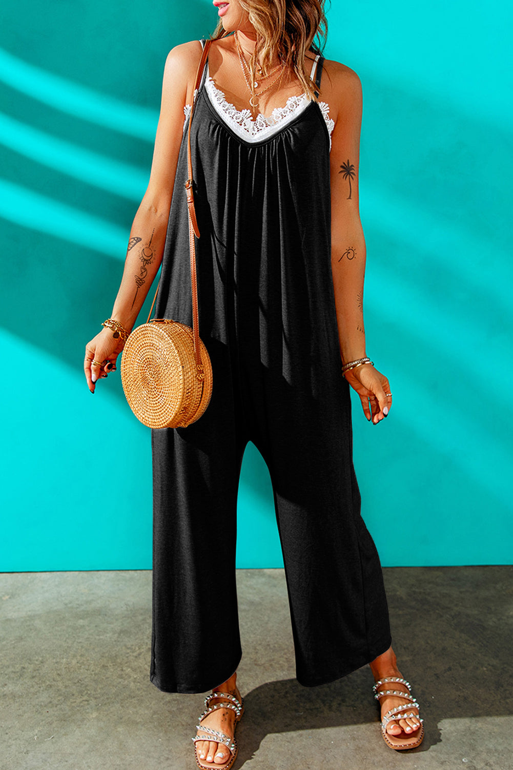 Black Spaghetti Straps Wide Leg Pocketed Jumpsuits Jumpsuits & Rompers JT's Designer Fashion