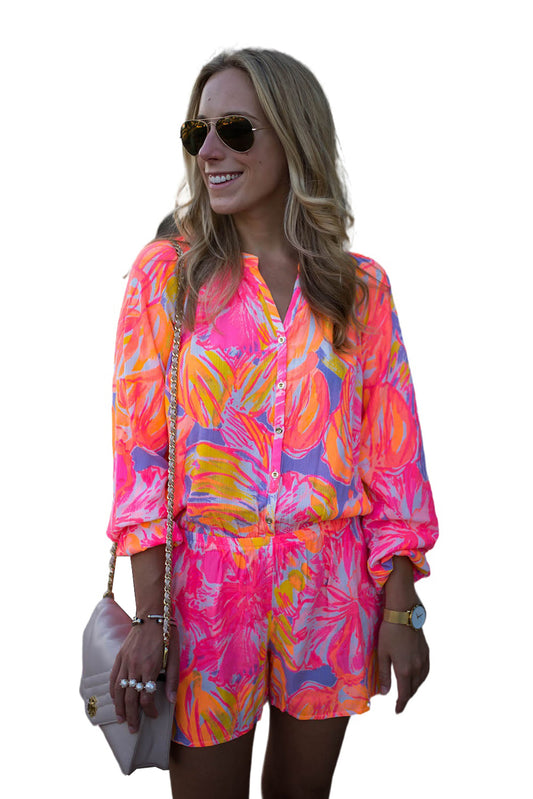 Multicolor Bold Graffiti Print Shirt Style Button Up Romper Bottoms JT's Designer Fashion