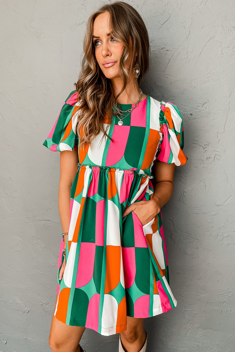 Green Abstract Print Puff Sleeve Short Dress Dresses JT's Designer Fashion