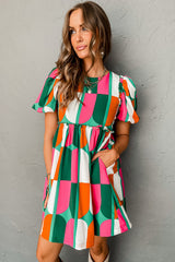Green Abstract Print Puff Sleeve Short Dress Dresses JT's Designer Fashion
