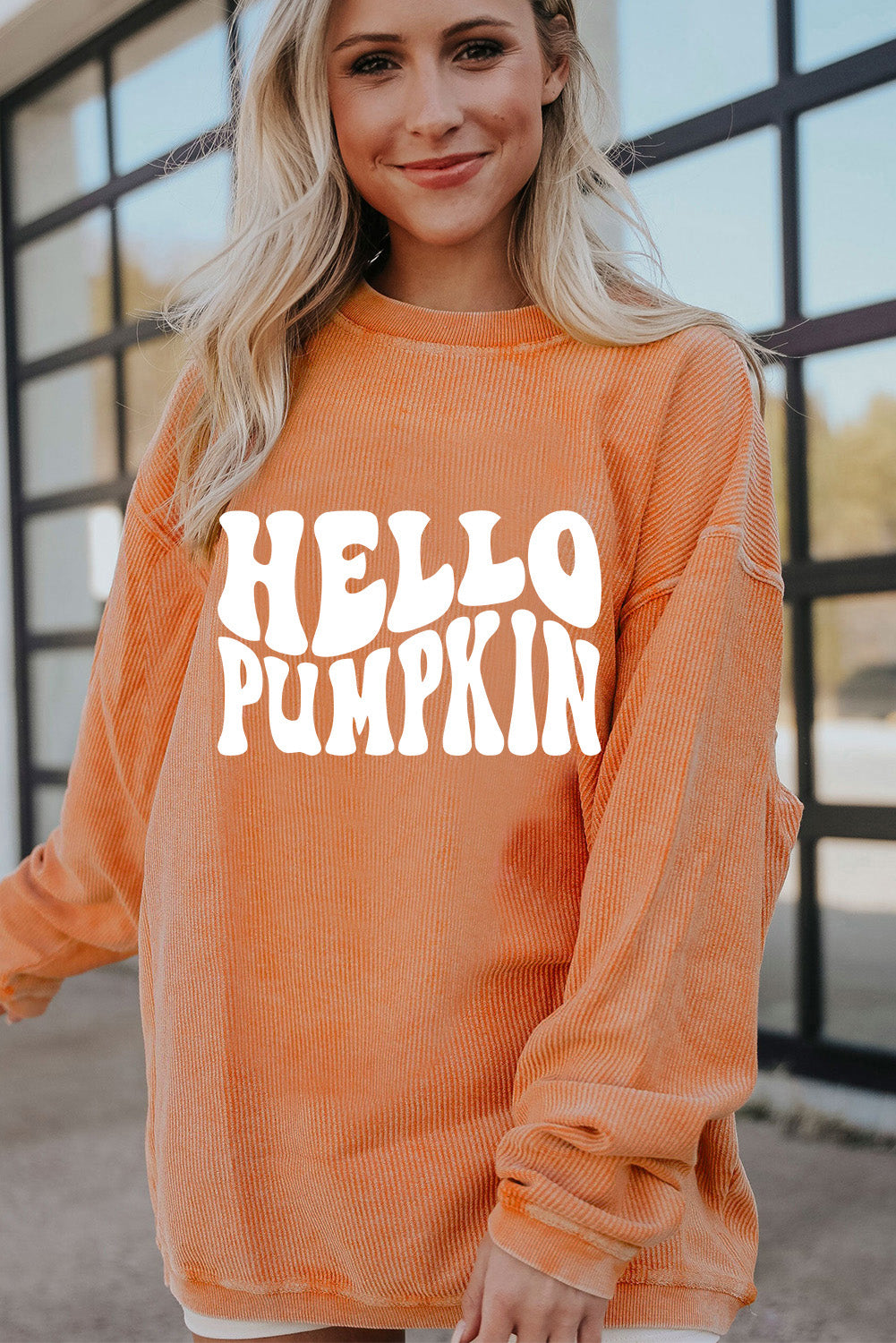 Orange HELLO PUMPKIN Letter Graphic Corded Sweatshirt Graphic Sweatshirts JT's Designer Fashion