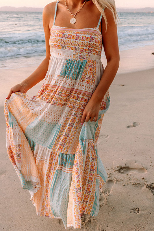 Multicolor Boho Patchwork Print Square Neck Sundress Multicolor 100%Polyester Maxi Dresses JT's Designer Fashion