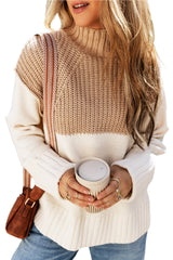 Parchment Cable Knit Color Block Side Splits Mock Neck Sweater Sweaters & Cardigans JT's Designer Fashion