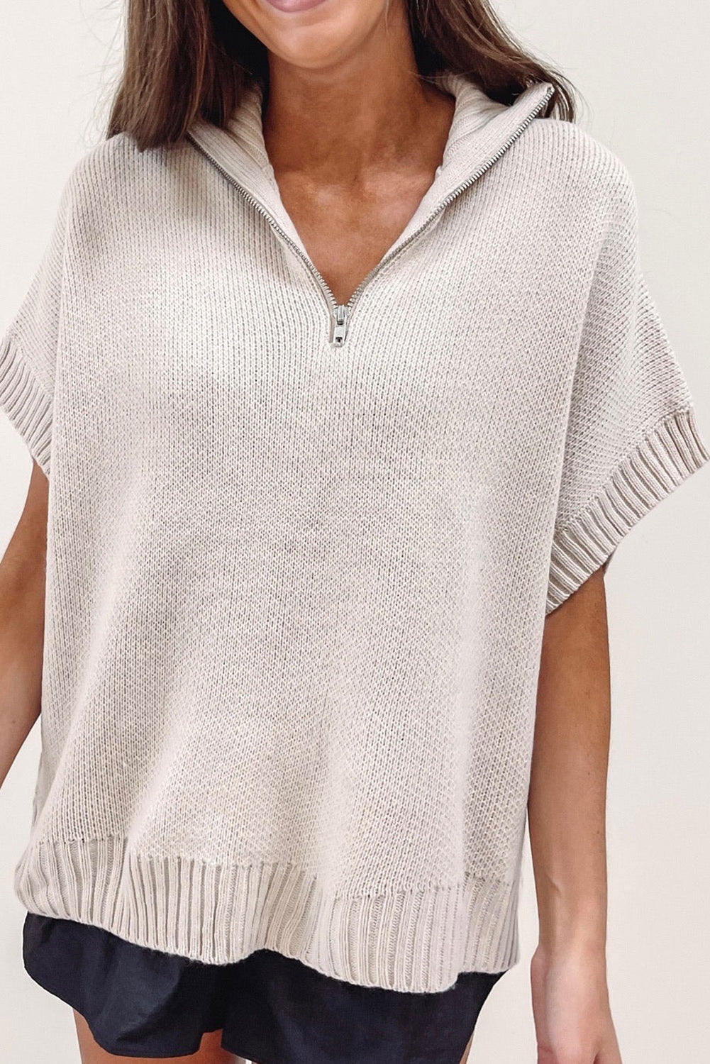 Light Grey Quarter Zip Short Batwing Sleeve Sweater Sweaters & Cardigans JT's Designer Fashion