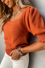 Gold Flame Textured Knit Bubble Sleeve Square Neck Top Sweaters & Cardigans JT's Designer Fashion