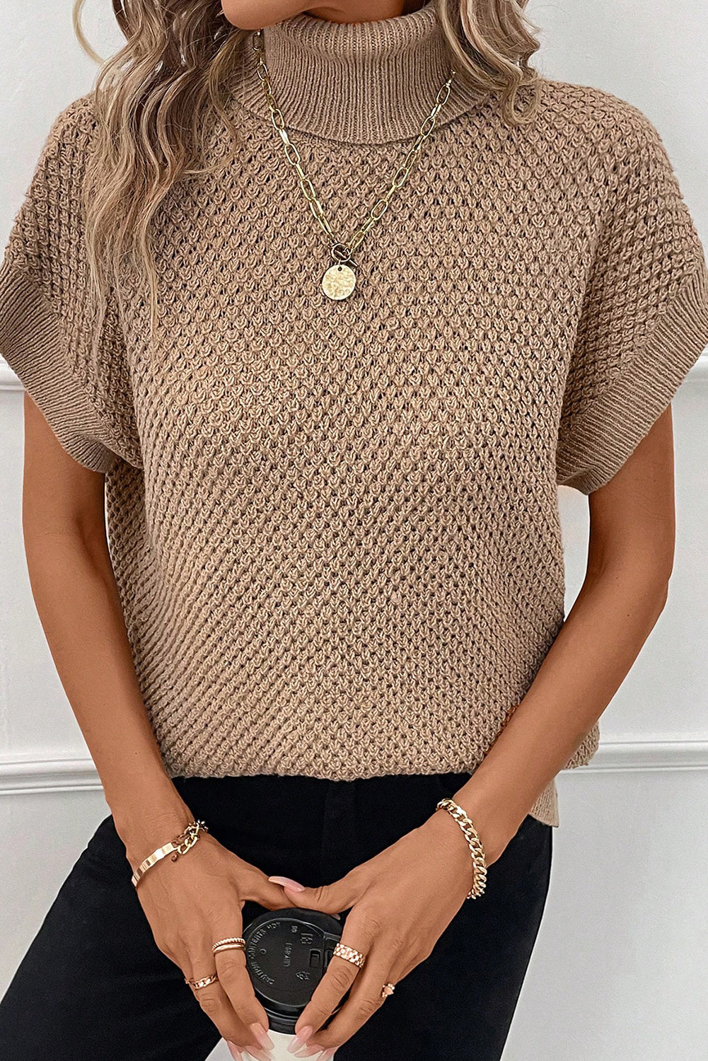 Apricot khaki Ribbed Turtleneck Textured Short Sleeve Sweater Sweaters & Cardigans JT's Designer Fashion