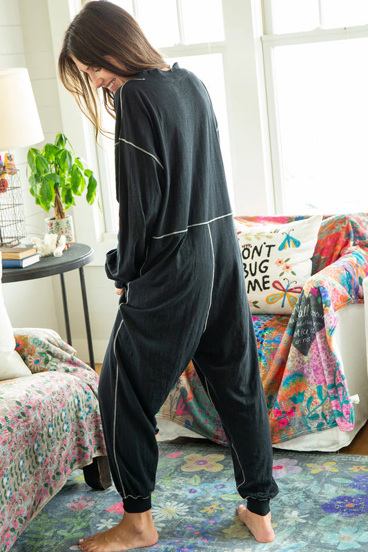 Black Flatlock Seam Detail V Neck Baggy Jumpsuit Jumpsuits & Rompers JT's Designer Fashion