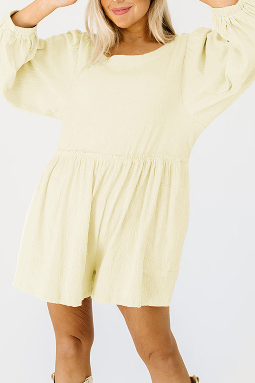 Apricot Solid Color High Waist Long Sleeve Romper Apricot 100%Polyester Jumpsuits & Rompers JT's Designer Fashion