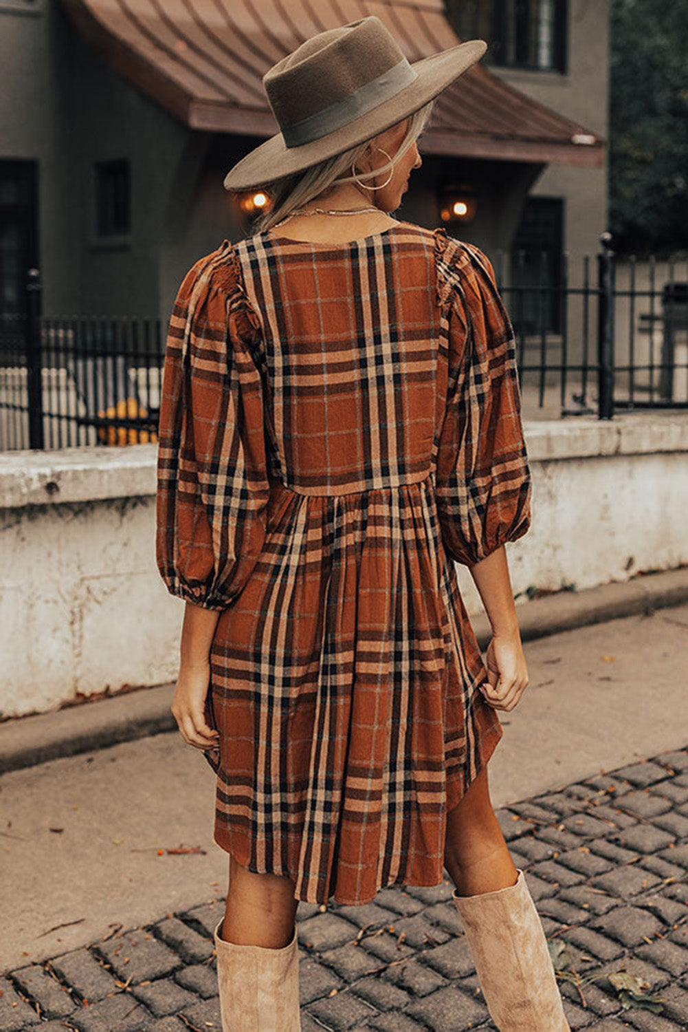 Brown Plaid Pattern Frilled Shoulder Empire Waist Babydoll Dress Dresses JT's Designer Fashion