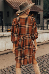 Brown Plaid Pattern Frilled Shoulder Empire Waist Babydoll Dress Dresses JT's Designer Fashion