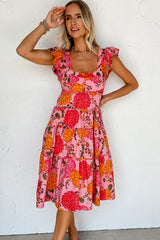 Pink Floral Ruffled Flutter Square Neck Tiered Dress Dresses JT's Designer Fashion