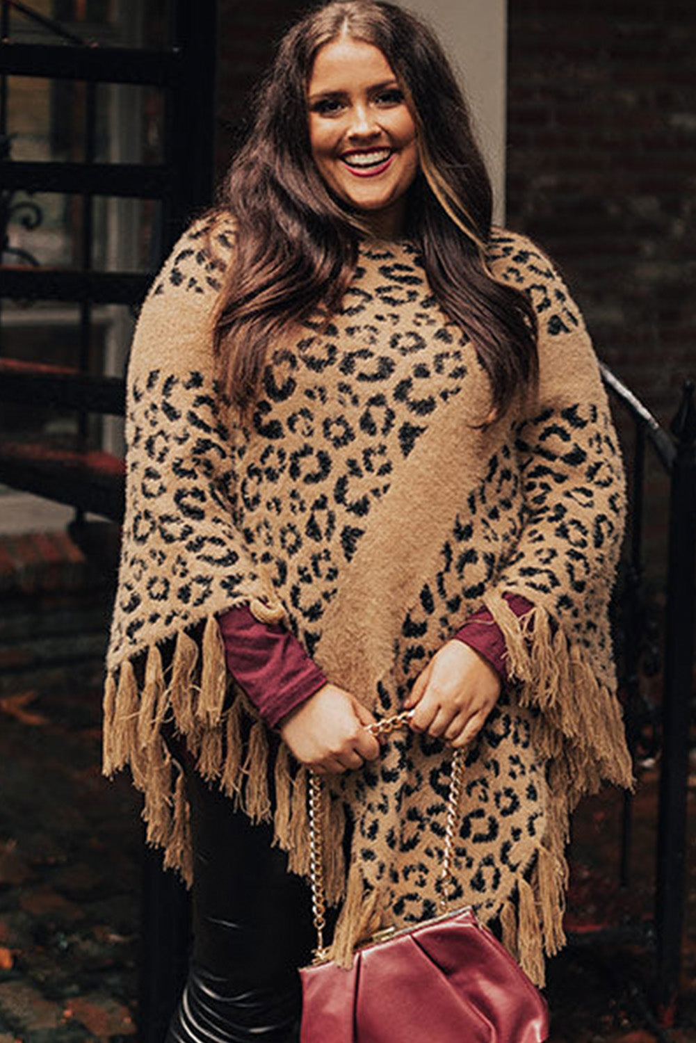 Leopard Plus Size Tasseled Hem Draped Poncho Plus Size JT's Designer Fashion