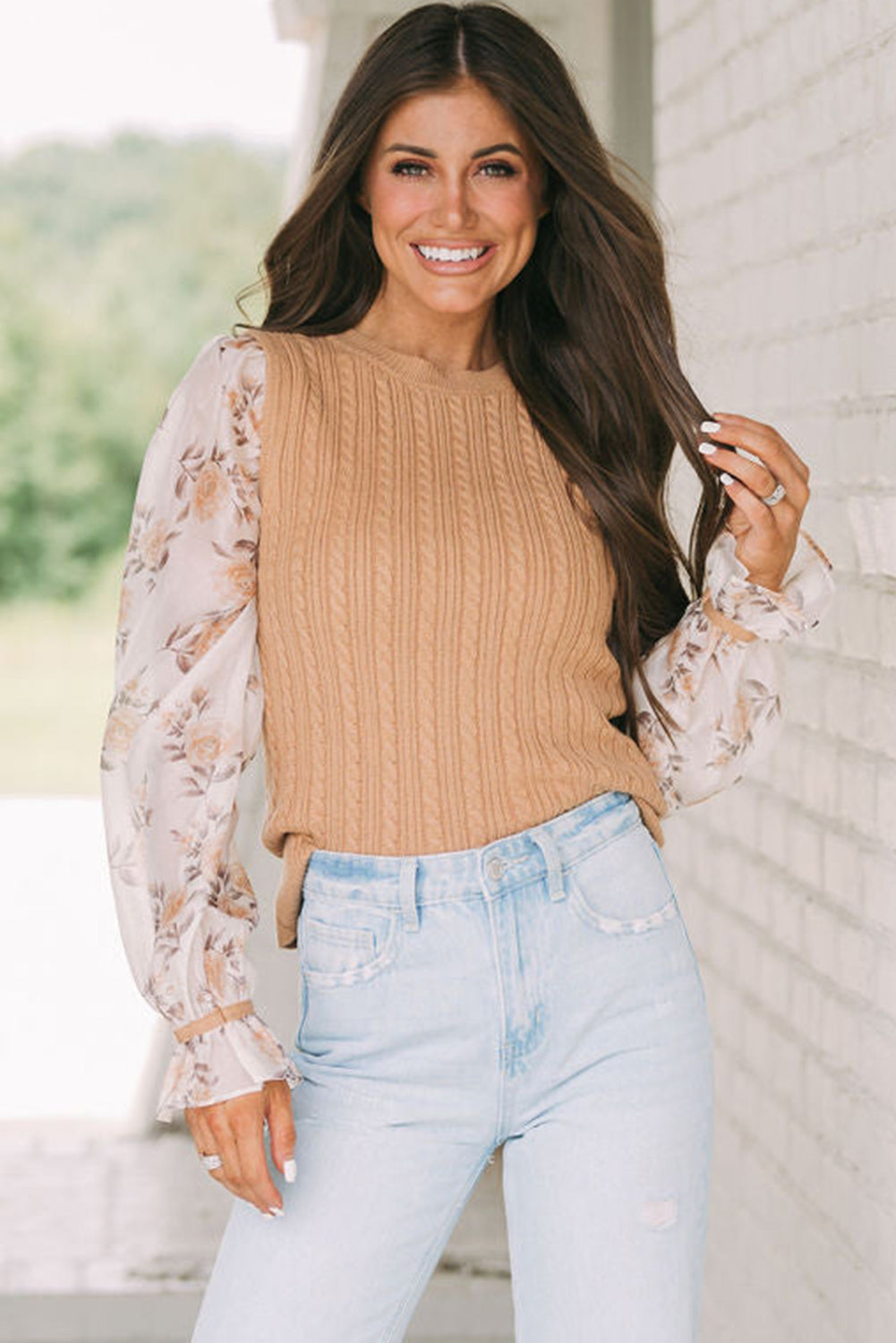 Sheepskin Floral Patchwork Ruffled Cuff Cable Knit Sweater Sweaters & Cardigans JT's Designer Fashion