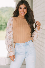 Sheepskin Floral Patchwork Ruffled Cuff Cable Knit Sweater Sweaters & Cardigans JT's Designer Fashion