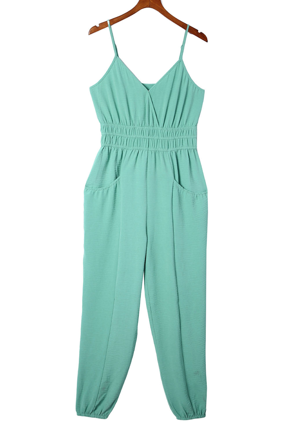 Green Shirred High Waist Sleeveless V Neck Jumpsuit Jumpsuits & Rompers JT's Designer Fashion
